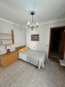 a bedroom with a bed and a chandelier at Casa Pepa in Puerto de Mogán