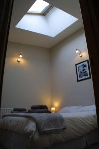 1 dormitorio con 1 cama con tragaluz grande en Bright spacious mews in great location, en Booterstown