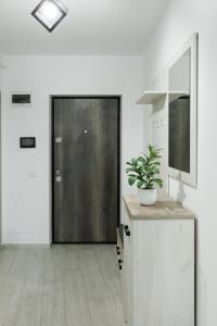 a hallway with a black door and a potted plant at Cozy ApartHotel Suceava in Suceava