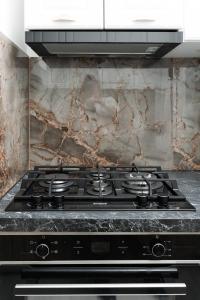 a stove top in a kitchen with a marble wall at Cozy ApartHotel Suceava in Suceava