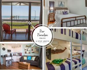 un collage de quatre photos d'une chambre et d'une pièce dans l'établissement CDM 201 - Pier Paradise, à Galveston