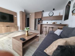 een woonkamer met een bank en een tafel bij Q Apart GRAND - 3 pokojowe klimatyzowane apartamenty przy Manufakturze z garażem Gratis, FV in Łódź