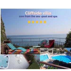 a collage of three pictures of a swimming pool at Conca Verde c21- BEACH FRONT little villa- POOL, private JACUZZI sea view in Marina di Andora