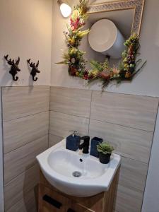 a bathroom sink with christmas wreaths on the wall at Jelení dřevěnice s vlastní vířivkou in Horní Halže