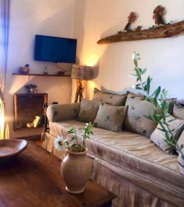a living room with a couch and a tv at AMPELIA KYTHIRA in Livadi