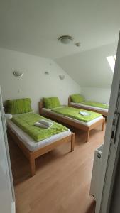 Piroš čizma في Suza: ثلاثة أسرة في غرفة ذات أغطية خضراء
