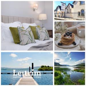 un collage de fotos con una cama y una casa en The Pine Tree Cottage of Warren Lodge Boutique Cottages, en Dromod