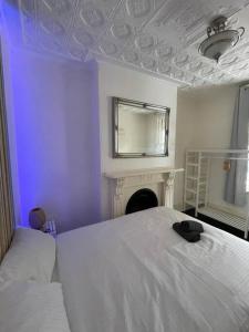 a bedroom with a white bed and a fireplace at Ideal 3 Bedroom House City Centre Glebe 2 E-Bikes Included in Sydney