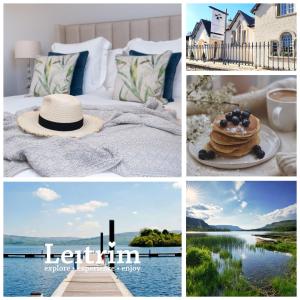 a collage of pictures of a bedroom with a hat and a cake at The Garden Cottage of Warren Lodge boutique cottages in Dromod