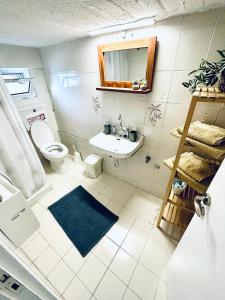 La salle de bains est pourvue de toilettes et d'un lavabo. dans l'établissement Vasiliki Guest House, à Kalamata