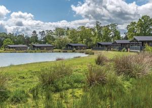 ウッドホール・スパにあるWoodhall Country Park Lodgesの湖付きのリゾートの描写