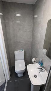 a small bathroom with a toilet and a sink at Cosy Rooms in Ilford