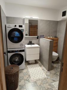 een badkamer met een wasmachine en een wastafel bij Apartmán Pregrtovi in Bořetice