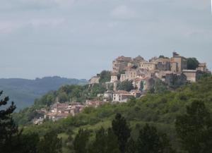uma aldeia ao lado de uma colina em Lougat la maison des chats em Cordes-sur-Ciel