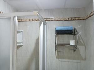 een badkamer met een douche en een handdoekenrek bij Apartamento en Playa de Motril in Motril
