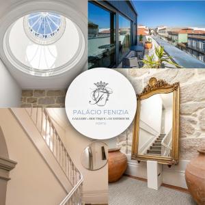 eine Collage mit Fotos mit einer Treppe und einem Spiegel in der Unterkunft Palácio Fenizia Lux Apartments in Porto