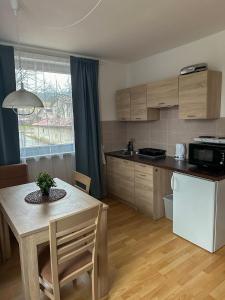 a kitchen with a table and a dining room at Řadovka Deštné in Deštné v Orlických horách +8 photos