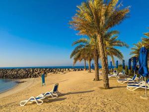 a beach with chairs and palm trees and the ocean at Marjan Island Beautiful Apartment Sea View Beach Luxury Rooms Ras Al Khaimah UAE in Ras al Khaimah