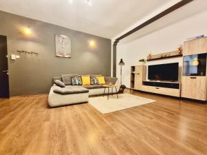 a living room with a couch and a television at Holiday Apartments Bucharest in Bucharest