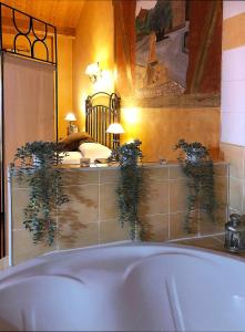 a bath tub in a room with a bed at Alojamientos Rurales EL VALLEJO in Puebla de Vallés