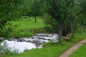 un banco del parque sentado junto a un arroyo de agua en Mosertonihof, en Elzach