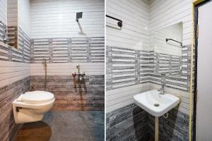 twee foto's van een badkamer met toilet en wastafel bij FabHotel Raj Vihar Residency in Vijayawāda