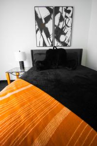 a bed with an orange and black comforter in a room at Triple Crown Lounge across from Casino condo in Hot Springs