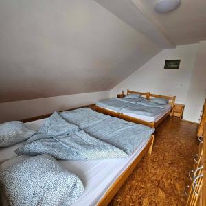 two twin beds in a room with a attic at Adventure Farm in Štore