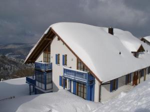 a house with snow on the roof at Ferienland Sonnenwald Studio 50 in Langfurth 