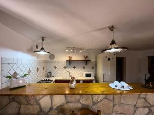 a kitchen with a wooden counter top with two lights at [Eleganza Rustica In Villa] A 5 minuti dal mare in Tonnara di Bonagia