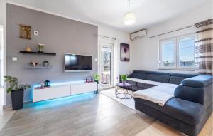 ein Wohnzimmer mit einem blauen Sofa und einem TV in der Unterkunft 3 Bedroom Amazing Home In Lisane Ostovicke in Lišane Ostrovičke