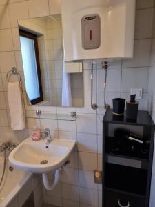 a small bathroom with a sink and a mirror at Studio apartman Šapudl in Vukovar