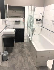 ein Bad mit einer Badewanne, einem Waschbecken und einer Dusche in der Unterkunft Pellinger-Höhe Apartment in Pellingen