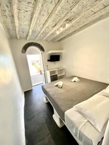 a bedroom with a bed and a tv on the ceiling at MYKONOS VIBES AIRPORT STUDIOS AND APARTMENTS in Aggelika