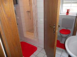 a bathroom with a toilet and a shower with a red rug at Villa Roder in Umkirch