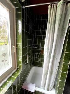 a green tiled bathroom with a bath tub with a window at 3-Z Monteurunterkunft in Einfeld in Neumünster