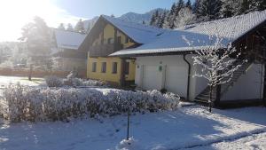 une maison jaune avec de la neige au sol à côté d'une cour dans l'établissement Apartments Winkler, à Bad Goisern