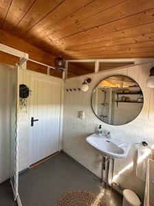 een badkamer met een wastafel en een spiegel bij Hestaland Horse Farm Cottage in Borgarnes