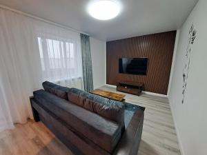 een woonkamer met een bank en een flatscreen-tv bij Jaukūs apartamentai centre A. J. Greimo g. in Šiauliai