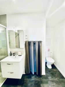 a white bathroom with a sink and a toilet at Appartement 2 pièces en centre ville in Ribérac