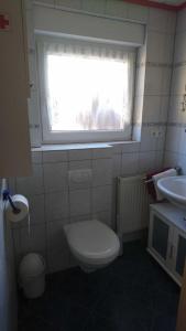 a bathroom with a toilet and a sink and a window at Ferienwohnung Käfer in Rust
