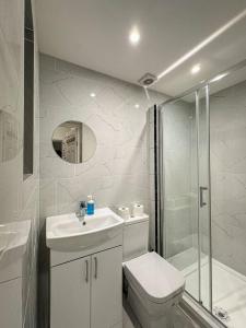 biała łazienka z toaletą i prysznicem w obiekcie Studio flat in Ealing Broadway w Londynie