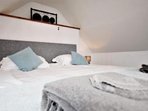 a bedroom with a large white bed with blue pillows at 1 Bed in Great Torrington ANNAS in Langtree