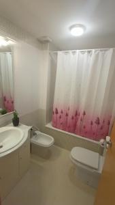 La salle de bains est pourvue de toilettes, d'un lavabo et d'un rideau de douche. dans l'établissement El bon repòs del delta, à El Lligallo del Gànguil