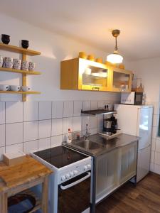 eine kleine Küche mit Spüle und Kühlschrank in der Unterkunft Kispatak Erdei Ház in Kismaros