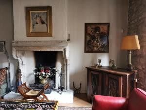 uma sala de estar com lareira e uma cadeira vermelha em Le Cellier de Beaulieu, au pied de la Cité, Maison de Vacances avec Climatisation et Jacuzzi em Carcassonne