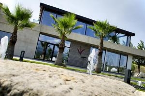 un bâtiment avec des palmiers en face de celui-ci dans l'établissement La Fucina di Vulcano, à Bronte