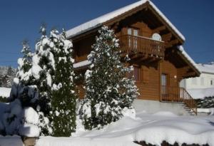 a log cabin with a balcony in the snow at Chalet 3 étoiles à Gérardmer. in Gérardmer