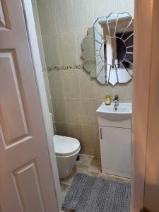 a bathroom with a toilet and a sink and a mirror at Private guest house/Annexe in Manchester