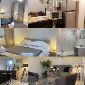 un collage de photos d'une cuisine et d'une chambre dans l'établissement Loire & Sérénité *T2* + Parking, à Orléans